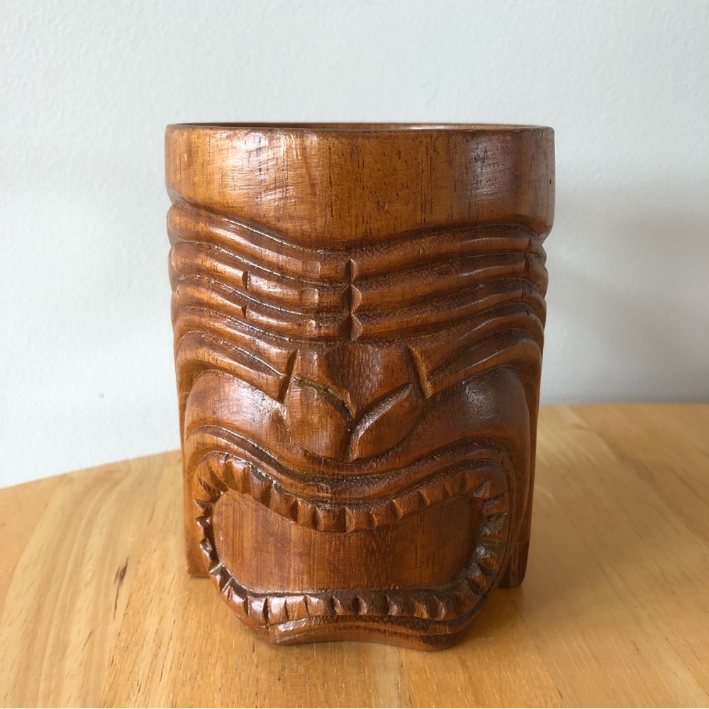 Vintage Hand Carved Wood Tiki Hawaiian Mug Cup